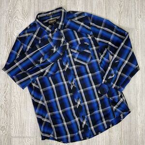 Helix Athletic Fit Blue and Black Western Style Button Front Shirt Mens Large